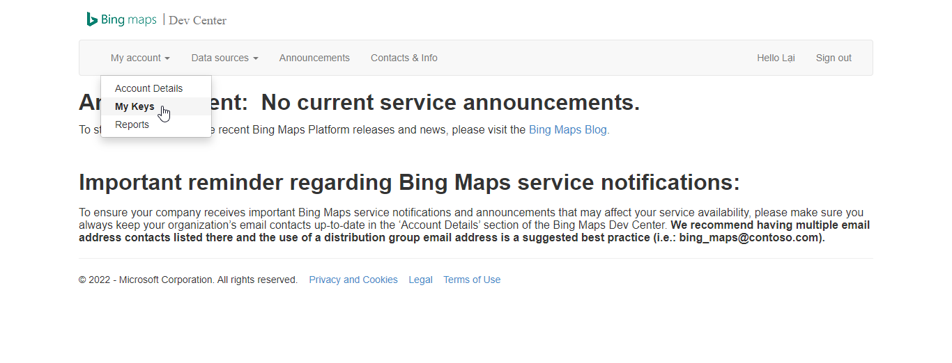 Lấy Bing Maps Key - Bước 1