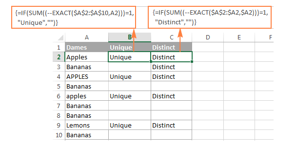 Tìm các giá trị duy nhất / khác biệt trong Excel phân biệt chữ hoa và chữ thường