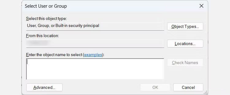 Cửa sổ Select User or Group (Advanced) trên Windows