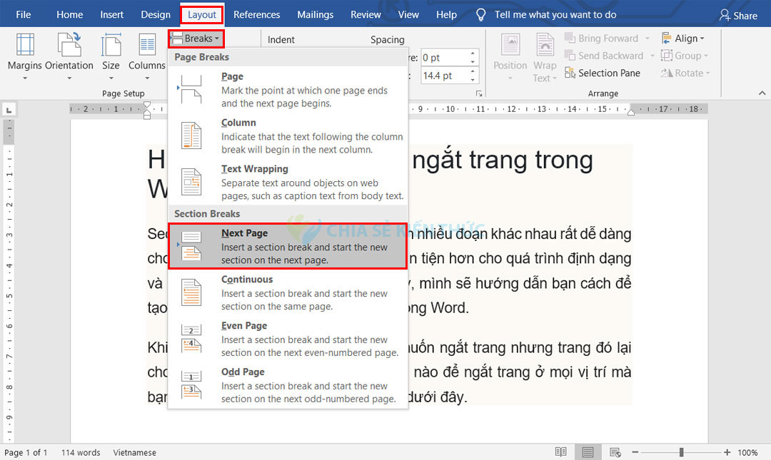 Cách tạo ngắt trang trong Word - Bước 2