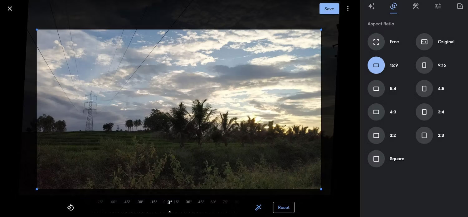 Tùy chọn tỉ lệ khung hình trong Google Photos Editor