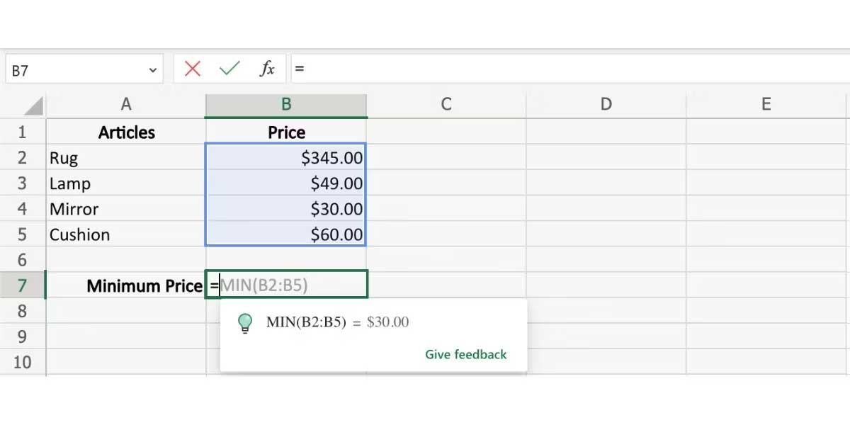 Cách dùng gợi ý công thức trong Excel - Hàm MIN