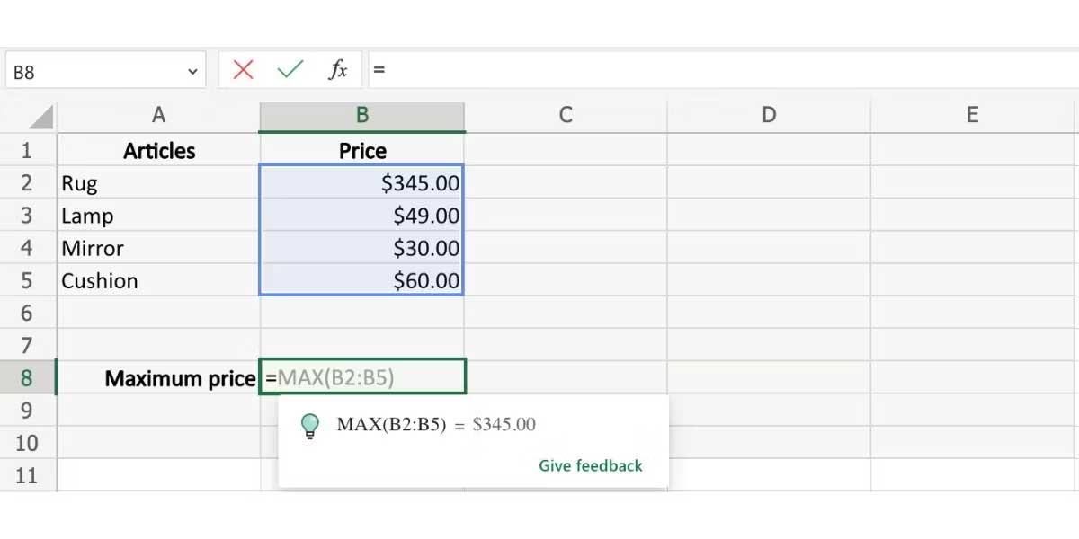 Cách dùng gợi ý công thức trong Excel - Hàm MAX