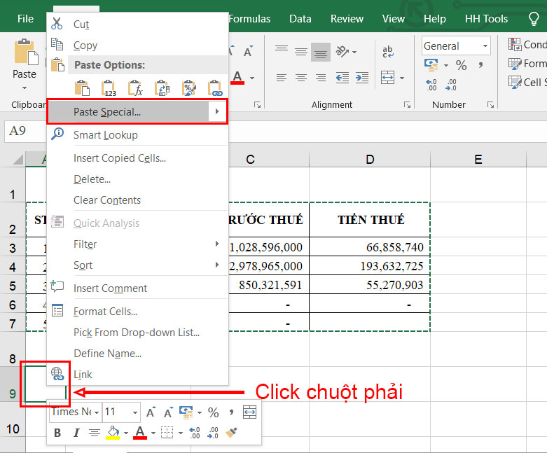 Cách mở hộp thoại paste special trong Excel