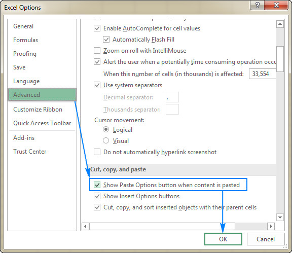 Bật tính năng Show Paste Options trong Excel