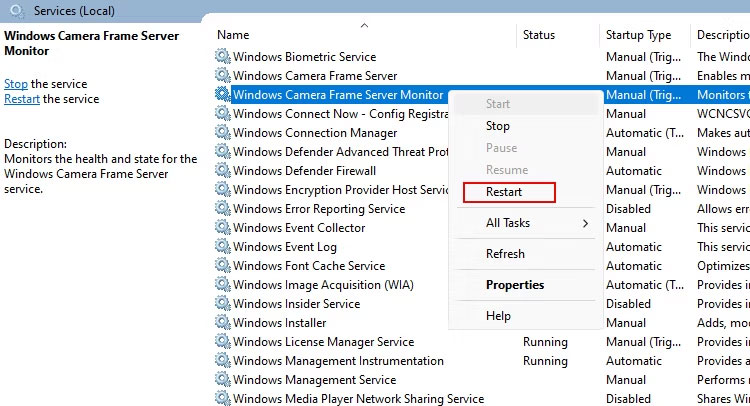 Service Windows Camera Frame Server Service Windows Camera Frame Server Monitor