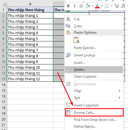 Mở hộp thoại Format Cells