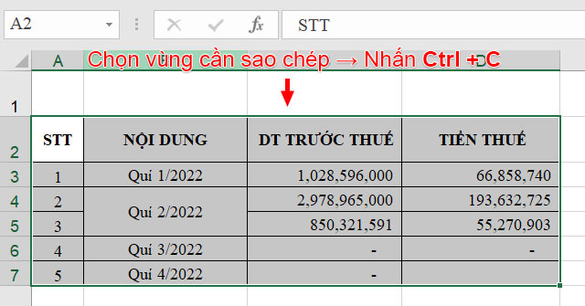 Chọn vùng cần sao chép trong Excel