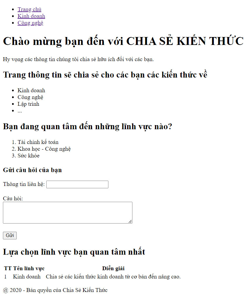 Giao phần hiển thị của đoạn code web vừa rồi trên trình duyệt web Google Chrome